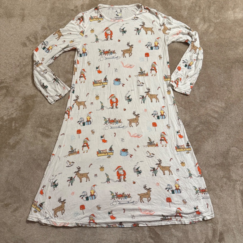 Bellabu Bear Kids Christmas Nightgown White Santa Reindeer Bamboo 12/14Y